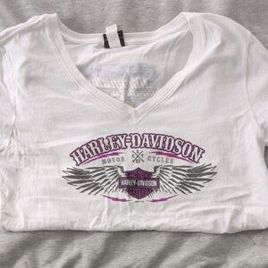 Harley-Davidson White V-Neck Tee with Purple and Gray Logo